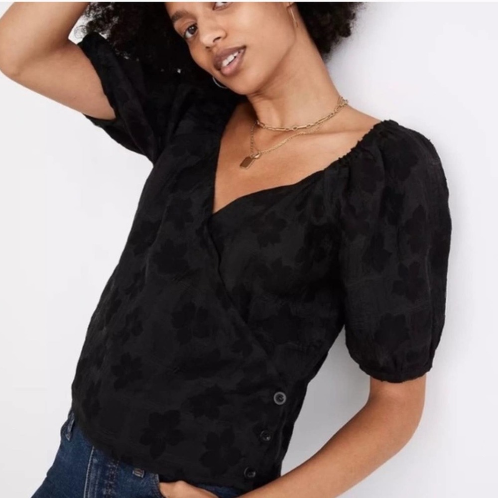 Madewell Puff Sleeve Wrap Top in Floral Jacquard
